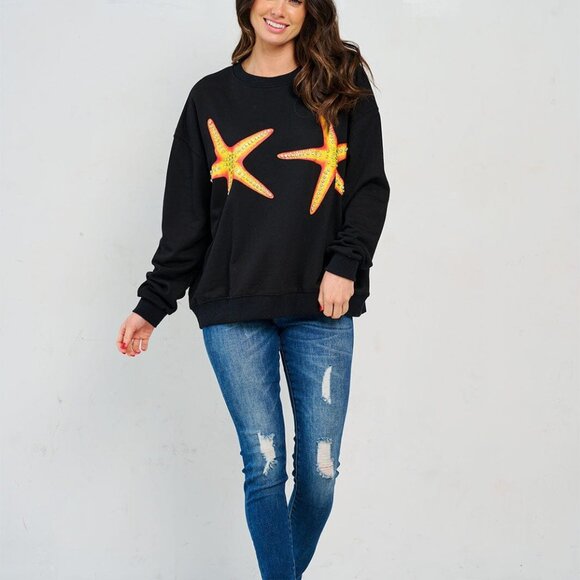 Women's Long Sleeve Starfish Print Studs Pullover Sweatshirt Black - Picture 4 of 5